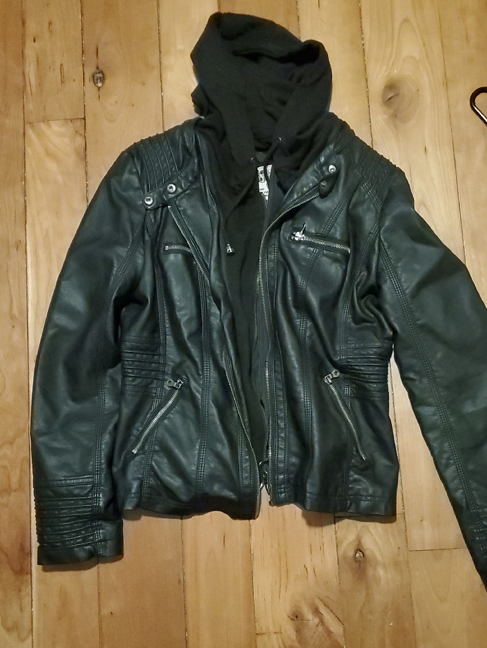 Women's Faux Leather Zip Moto Jacket with Removable Zip Hood